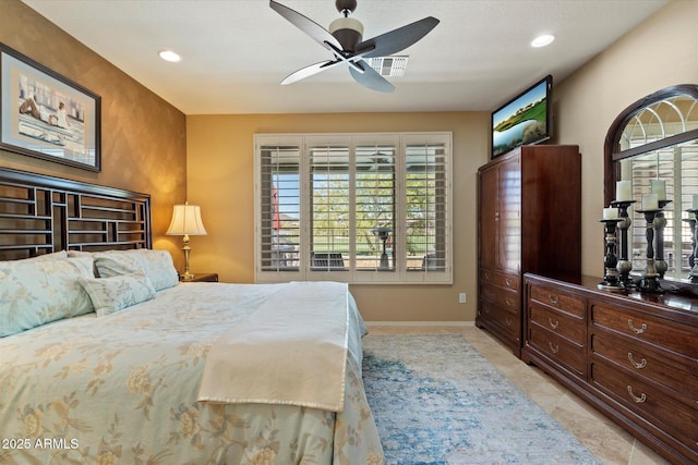 bedroom featuring light tile patterned flooring, a ceiling fan, recessed lighting, and visible vents