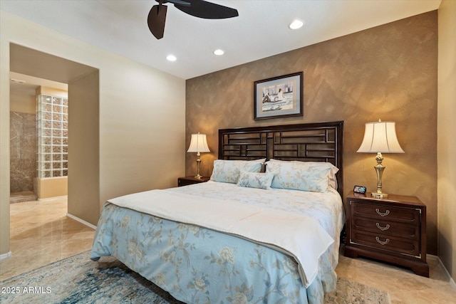 bedroom featuring baseboards, a ceiling fan, recessed lighting, and marble finish floor