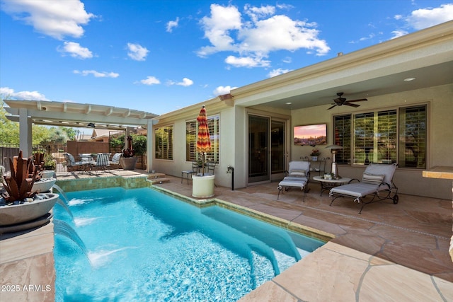 view of pool with a patio, a fenced in pool, a ceiling fan, and fence