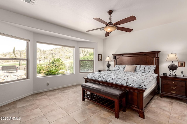bedroom with visible vents, baseboards, and ceiling fan
