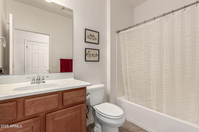 bathroom with tile patterned flooring, shower / bath combo with shower curtain, toilet, and vanity