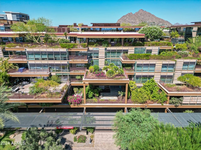 view of building exterior with a mountain view