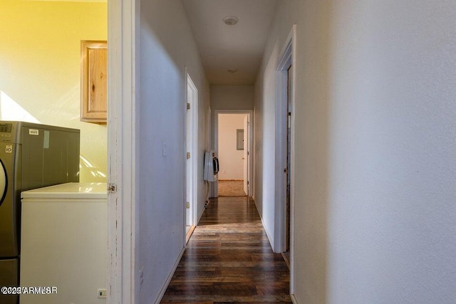 24 N County Road N3101, Vernon, AZ 85940 - hall featuring baseboards, dark wood-style floors, and washer / clothes dryer