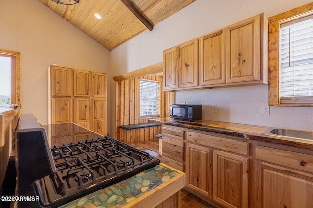 24 N County Road N3101, Vernon, AZ 85940 - kitchen with dark wood-style floors, a sink, wood ceiling, black microwave, and high vaulted ceiling