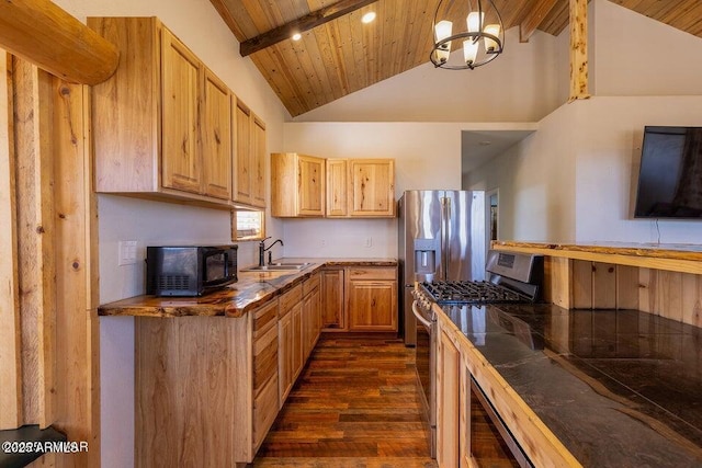 24 N County Road N3101, Vernon, AZ 85940 - kitchen featuring dark wood-type flooring, wood ceiling, stainless steel appliances, and a sink