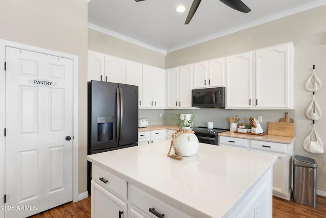 10722 E Keats Ave, Mesa, AZ 85209 - kitchen featuring white cabinets, ornamental molding, a ceiling fan, and black appliances
