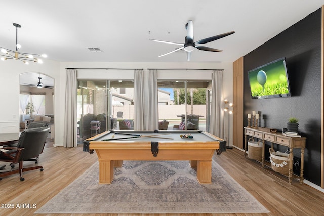 10722 E Keats Ave, Mesa, AZ 85209 - rec room featuring ceiling fan with notable chandelier, light wood finished floors, billiards, and visible vents
