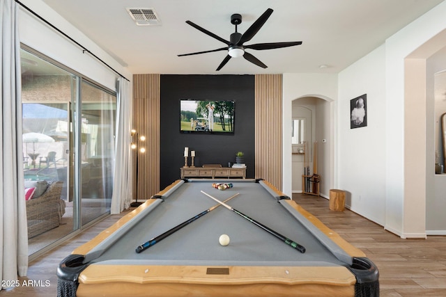 10722 E Keats Ave, Mesa, AZ 85209 - rec room featuring visible vents, arched walkways, a ceiling fan, billiards, and wood finished floors