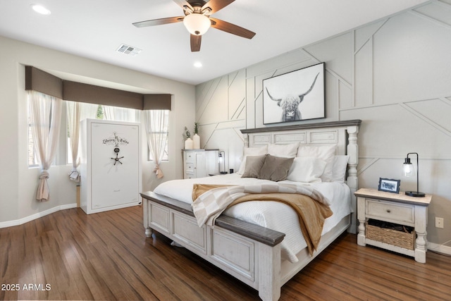10722 E Keats Ave, Mesa, AZ 85209 - bedroom with ceiling fan, visible vents, recessed lighting, dark wood-style flooring, and baseboards