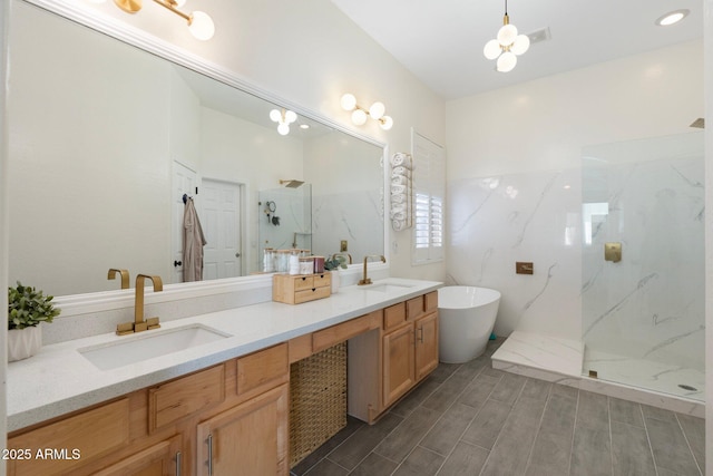 10722 E Keats Ave, Mesa, AZ 85209 - full bath featuring double vanity, a marble finish shower, a sink, and wood tiled floor