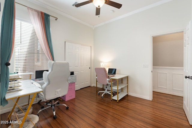 10722 E Keats Ave, Mesa, AZ 85209 - home office featuring baseboards, ornamental molding, visible vents, ceiling fan, and wood finished floors