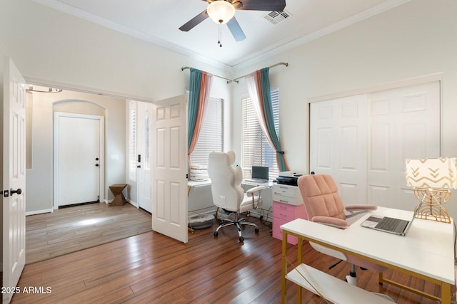 10722 E Keats Ave, Mesa, AZ 85209 - home office with visible vents, baseboards, ornamental molding, ceiling fan, and light wood-type flooring