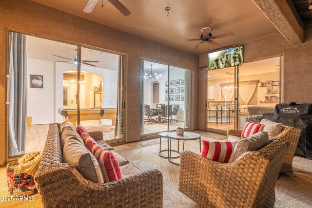 10722 E Keats Ave, Mesa, AZ 85209 - living area featuring arched walkways, beamed ceiling, and ceiling fan