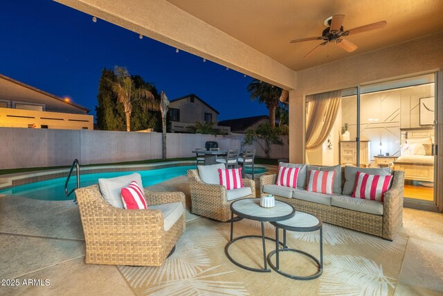 10722 E Keats Ave, Mesa, AZ 85209 - pool at twilight with an outdoor living space, a fenced backyard, a ceiling fan, a patio, and a fenced in pool