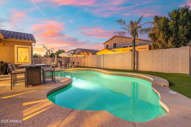 10722 E Keats Ave, Mesa, AZ 85209 - view of pool featuring a fenced in pool, a patio area, a fenced backyard, and outdoor dining space