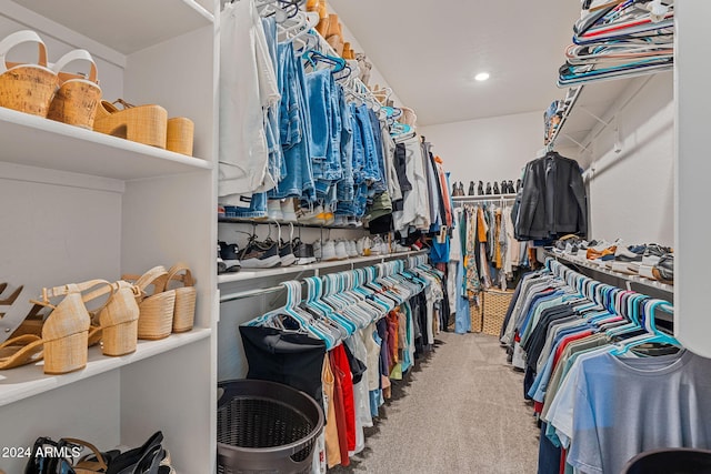 walk in closet featuring carpet flooring