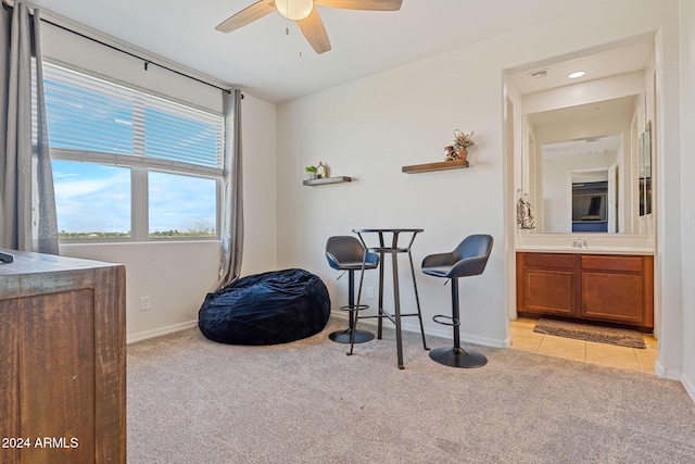 interior space with sink, light carpet, and ceiling fan