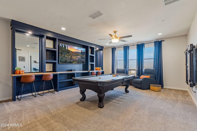 playroom with ceiling fan, a textured ceiling, carpet, and billiards