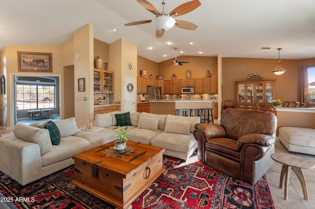 43638 N 22nd St, New River, AZ 85087 - living area featuring a ceiling fan, healthy amount of natural light, high vaulted ceiling, and recessed lighting