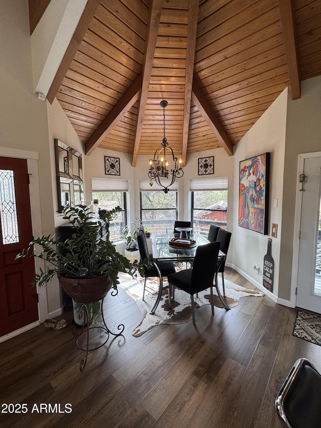 dining space featuring a notable chandelier, beam ceiling, dark wood-type flooring, and high vaulted ceiling