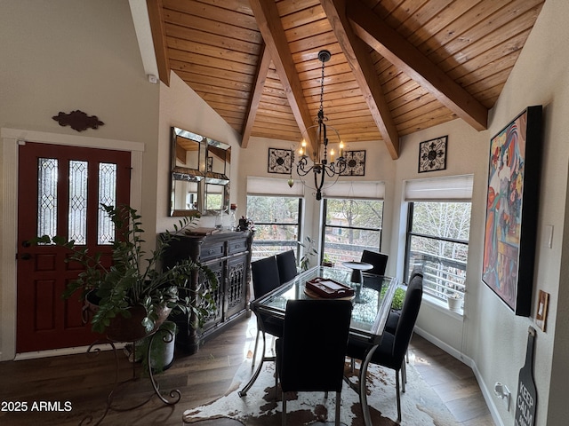 dining space with wood-type flooring, a chandelier, plenty of natural light, and beam ceiling