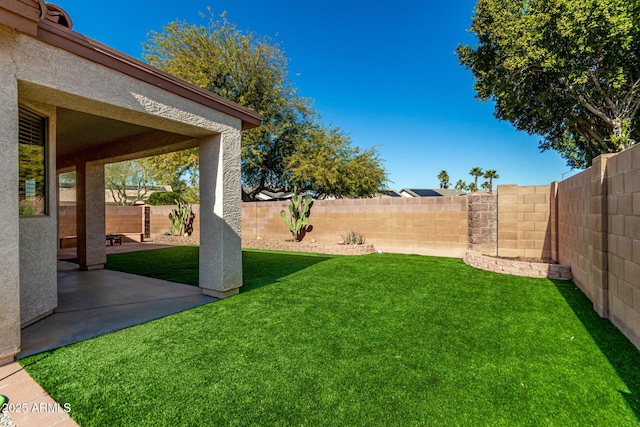 view of yard featuring a patio and a fenced backyard