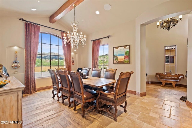 9514 E Madera Dr, Scottsdale, AZ 85262 - dining area featuring high vaulted ceiling, beamed ceiling, baseboards, stone tile flooring, and a notable chandelier