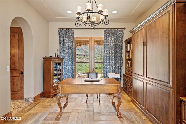 9514 E Madera Dr, Scottsdale, AZ 85262 - office with arched walkways, an inviting chandelier, baseboards, and recessed lighting