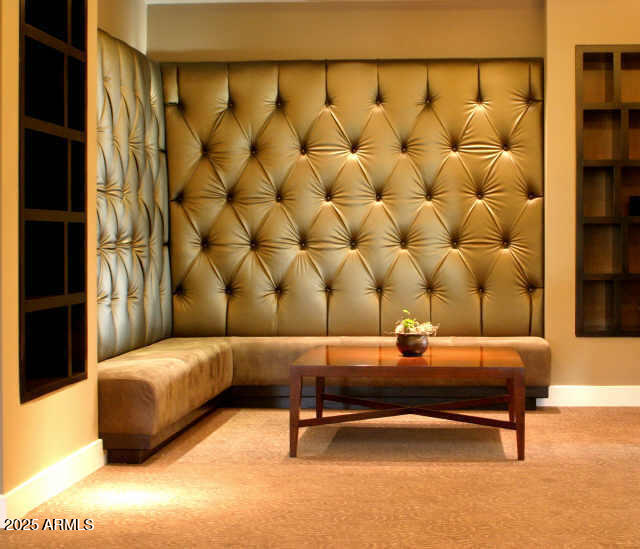 interior space with carpet, baseboards, and built in shelves
