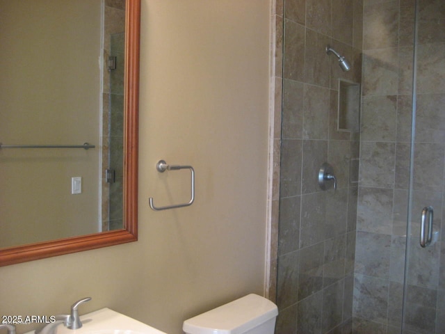 full bathroom featuring toilet, a stall shower, and a sink