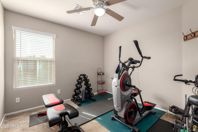 exercise room with ceiling fan, carpet, and baseboards