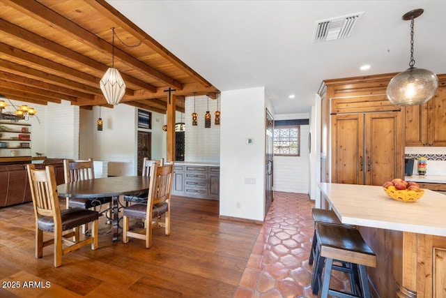 dining room with beam ceiling, wood ceiling, and dark wood-type flooring