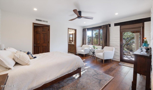 bedroom with access to exterior, ceiling fan, and dark hardwood / wood-style flooring