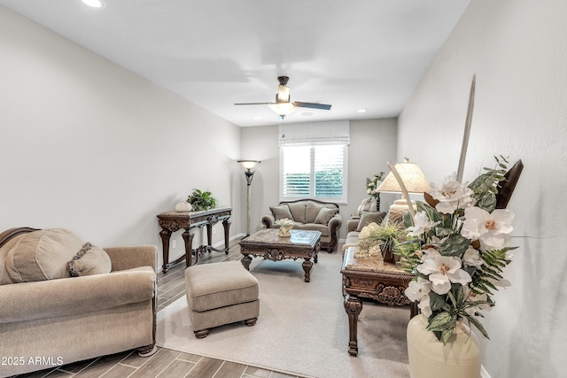 living area featuring wood finished floors, recessed lighting, and ceiling fan