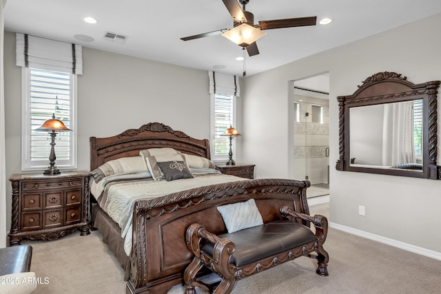carpeted bedroom with recessed lighting, visible vents, and multiple windows
