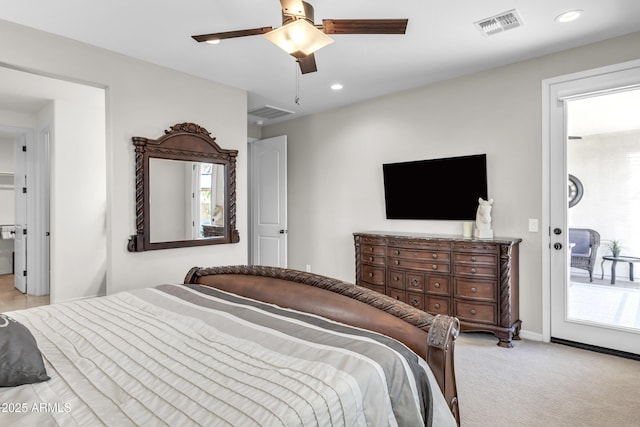 bedroom with ceiling fan, carpet floors, access to outside, visible vents, and recessed lighting