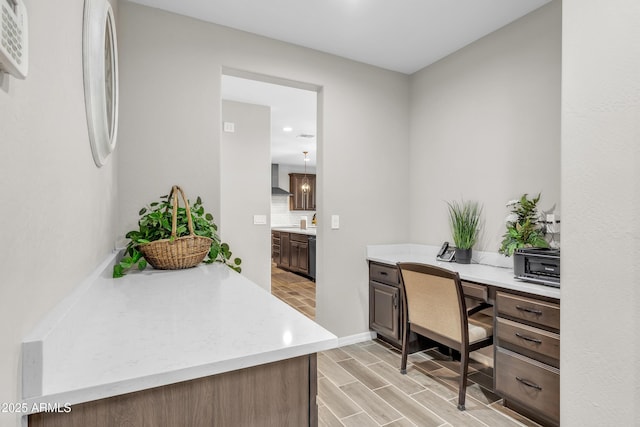 home office featuring recessed lighting, wood finish floors, and baseboards