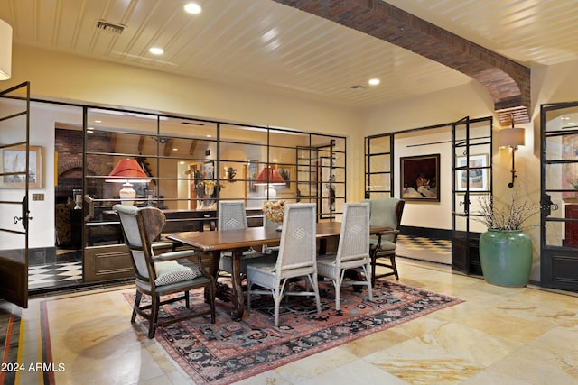 dining room featuring visible vents, recessed lighting, and wooden ceiling