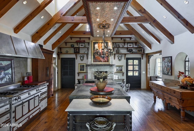 living room featuring high vaulted ceiling, dark hardwood / wood-style floors, and beamed ceiling