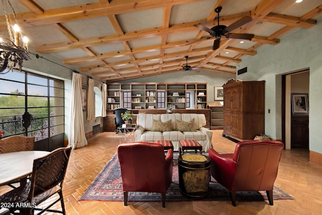 living room featuring beam ceiling, high vaulted ceiling, and ceiling fan