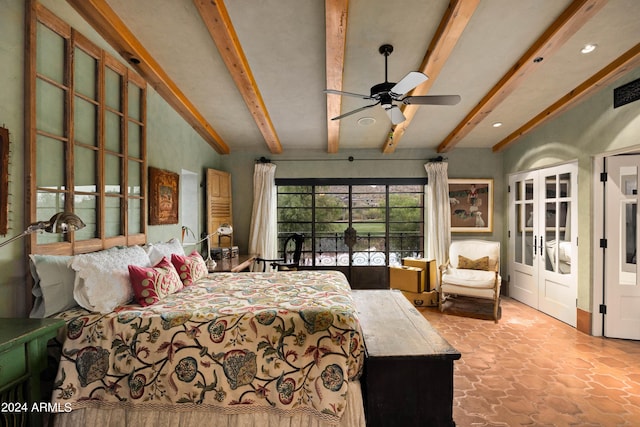 bedroom featuring french doors and beam ceiling