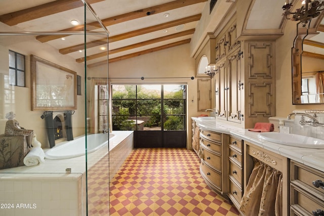 full bathroom featuring tile patterned floors, lofted ceiling with beams, a bathing tub, walk in shower, and vanity