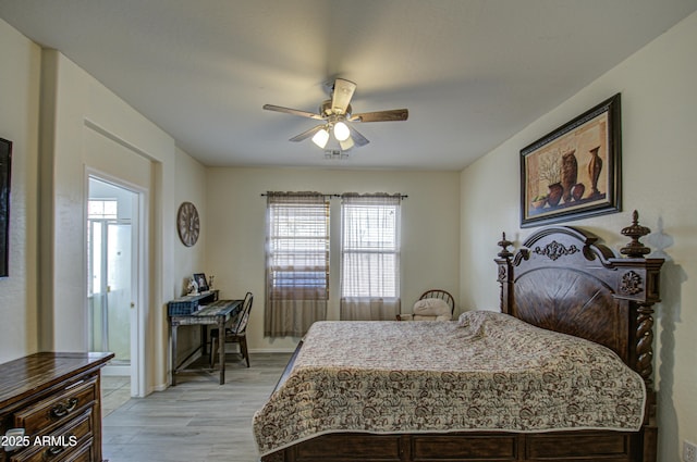 bedroom featuring ceiling fan and light hardwood / wood-style flooring