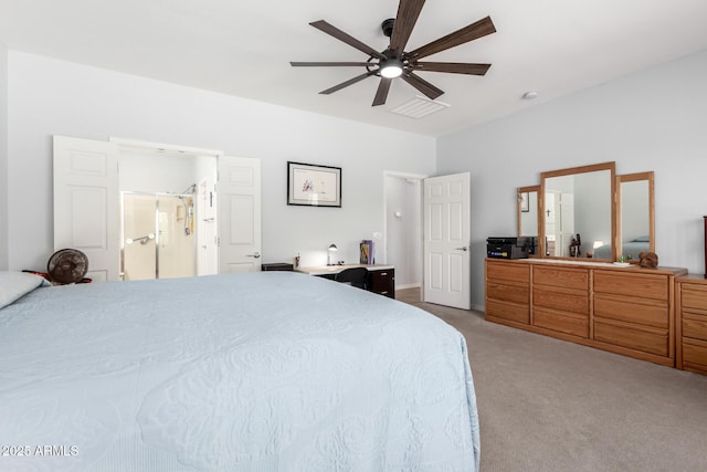 bedroom featuring light colored carpet and ceiling fan