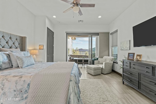 bedroom with baseboards, visible vents, recessed lighting, ceiling fan, and access to exterior