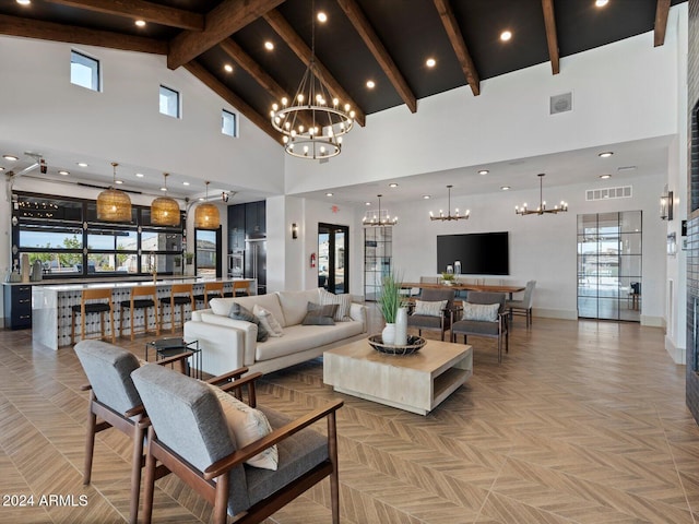 living room with beamed ceiling, light parquet flooring, high vaulted ceiling, and a wealth of natural light