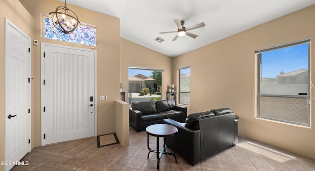 13614 N 12th Way, Phoenix, AZ 85022 - living room with visible vents, a wealth of natural light, and ceiling fan with notable chandelier