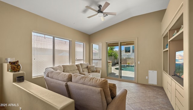 13614 N 12th Way, Phoenix, AZ 85022 - living area with light tile patterned floors, a ceiling fan, and vaulted ceiling