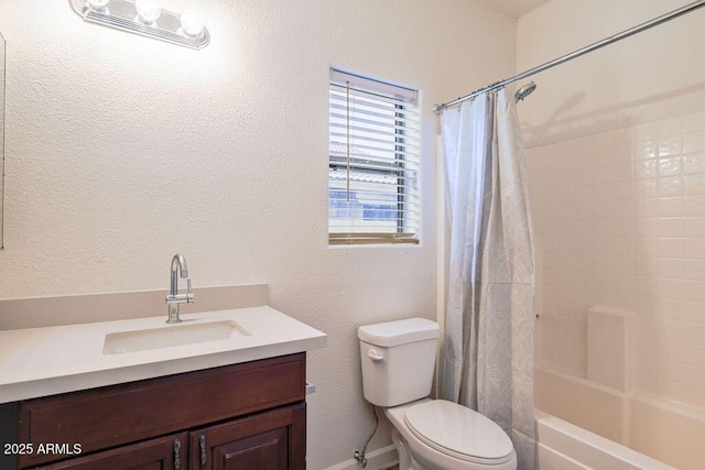 full bathroom with shower / bathtub combination with curtain, vanity, and toilet