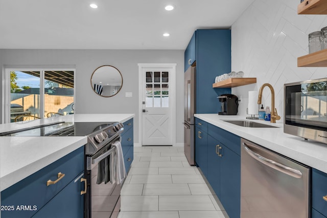 8243 E Montecito Ave, Scottsdale, AZ 85251 - kitchen featuring blue cabinets, a sink, open shelves, and appliances with stainless steel finishes